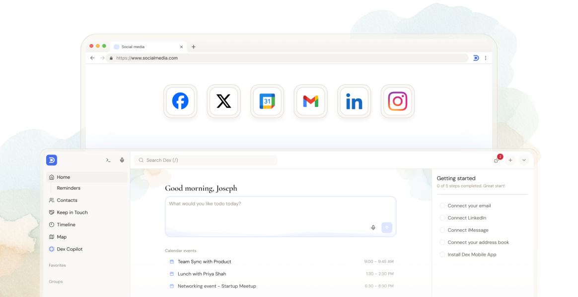 Dex browser extension across a web browser and the Dex app, with floating tiles for Facebook, X, Google Calendar, Gmail, LinkedIn, and Instagram.