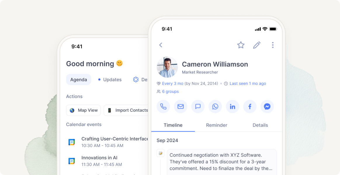 Two phones running the Dex mobile app — a daily agenda and a contact profile for Cameron Williamson.